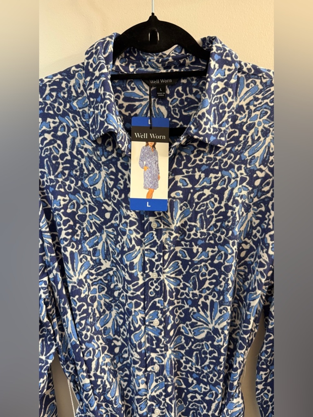 NWT Well Worn Blue Floral Viscose Shirt Dress L - Picture 5 of 12